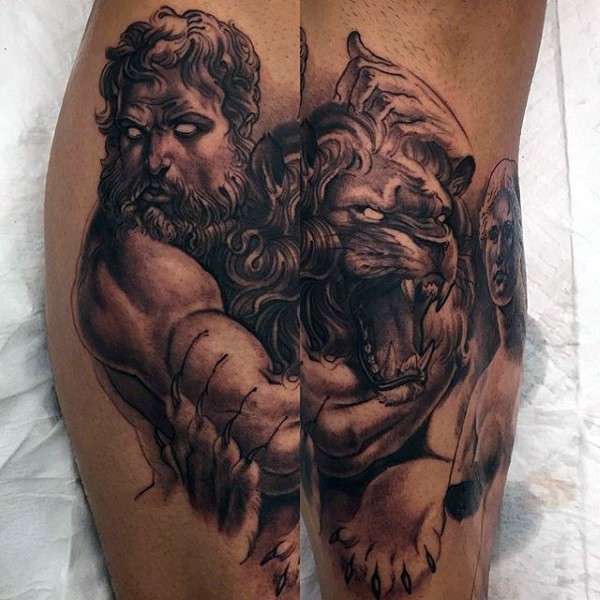 腿部棕色古怪的人战斗狮子纹身图片