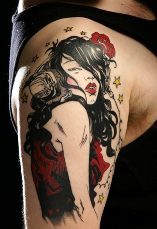 肩部彩色插画性感女人纹身图案