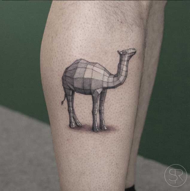腿部灰色几何风格的骆驼纹身图案