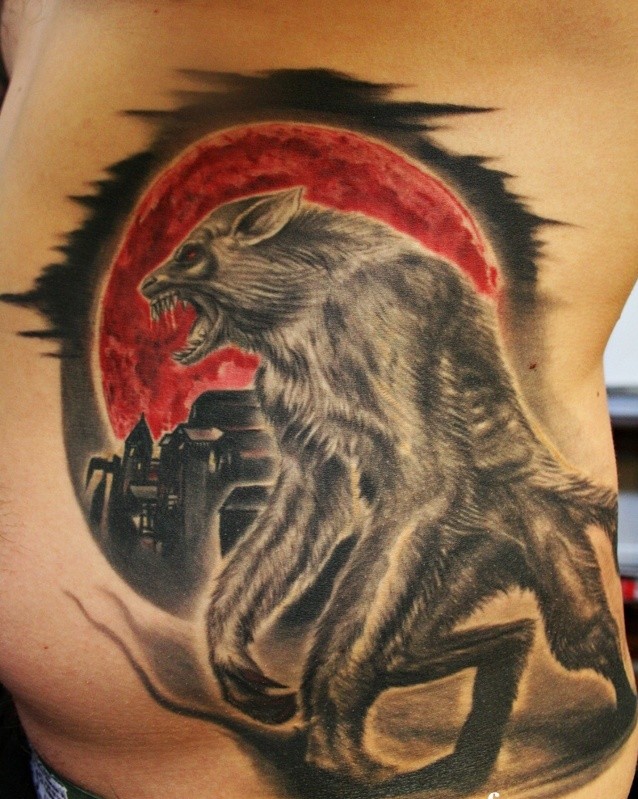腰侧彩色新的学校风格的狼人纹身