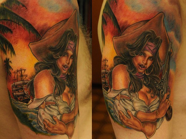 肩部老漫画像性感海盗妇女纹身图案