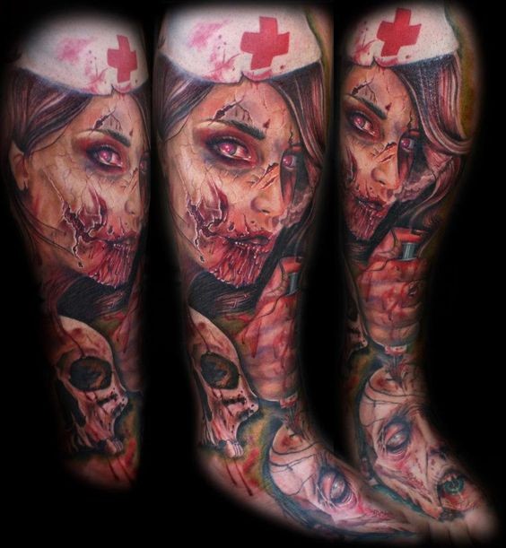 手臂血腥怪物护士与头骨纹身图案