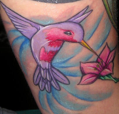 手臂彩色蜂鸟采花纹身图案