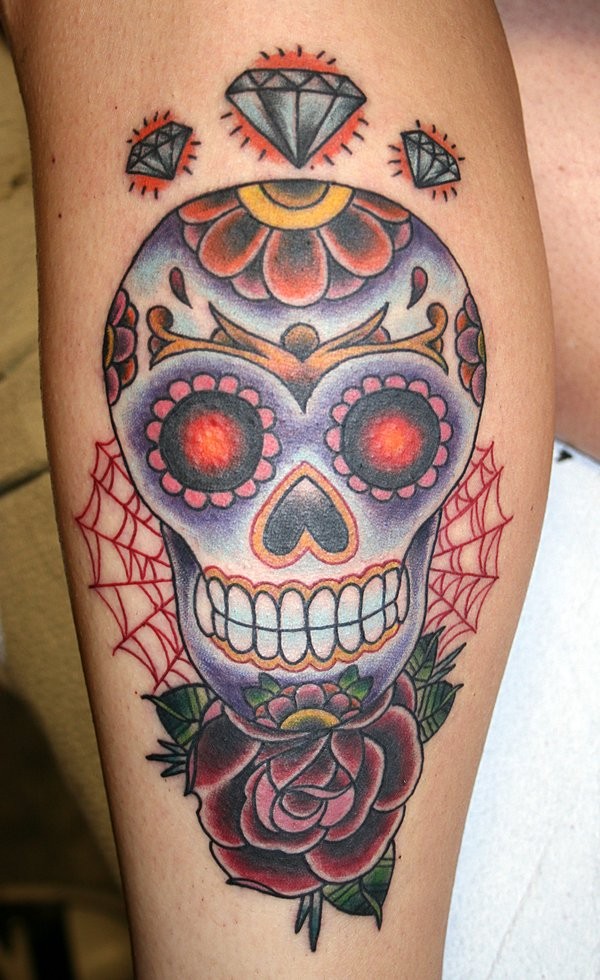 手臂彩色sugar 骷髅玫瑰和钻石纹身图案
