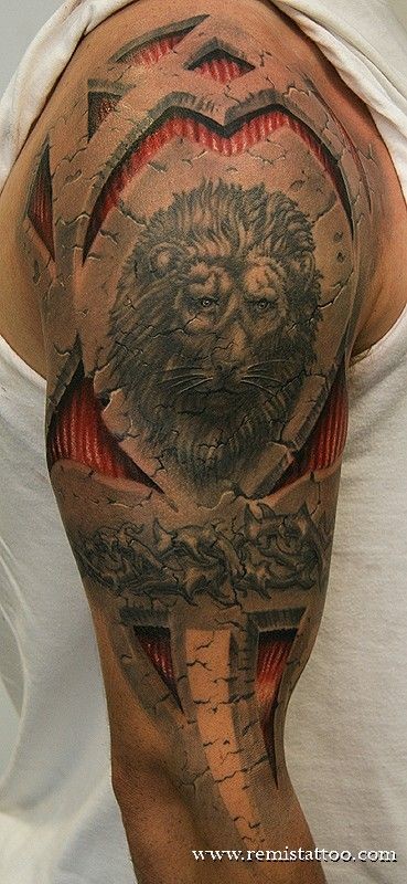 肩部逼真狮子石雕风格纹身图案