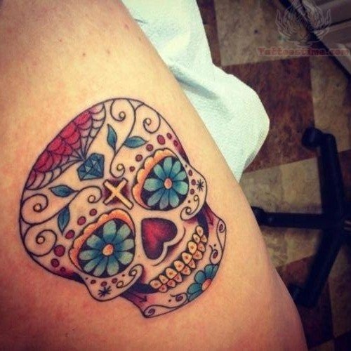 手臂彩色糖骷髅墨西哥纹身图案