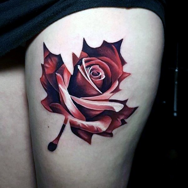 腿部彩色玫瑰枫叶色纹身图案