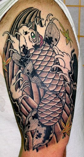 肩部日本锦鲤不完整的纹身图片