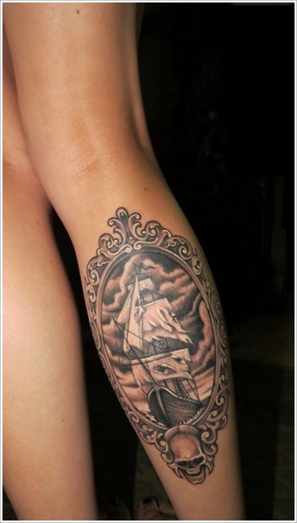 腿部棕色海盗船的框架纹身图案
