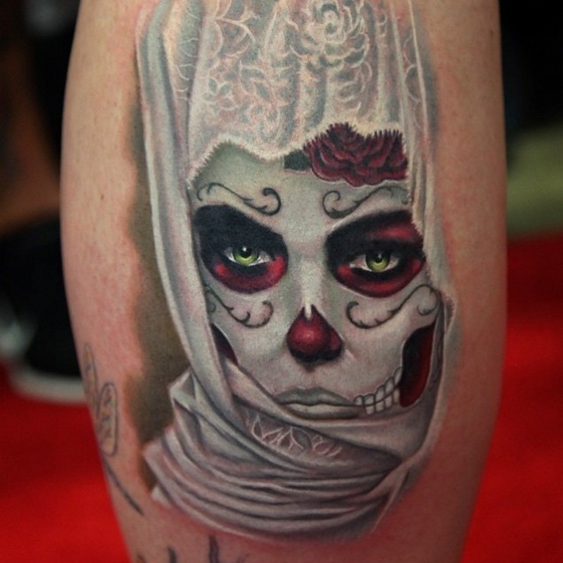 腿部墨西哥传统彩色妇女画像纹身