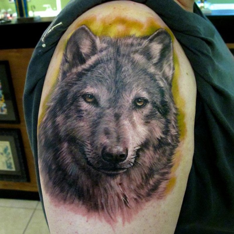 肩部写实逼真细节狼头纹身图案