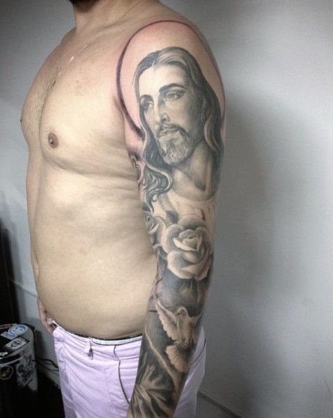 花臂宗教风格耶稣与鸽子纹身图案