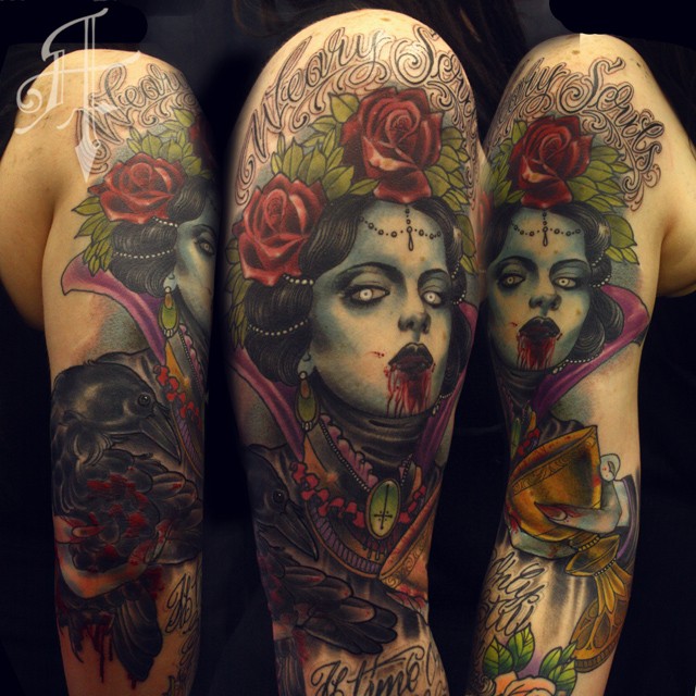 手臂彩色恐怖风格的恶心血腥的女人纹身