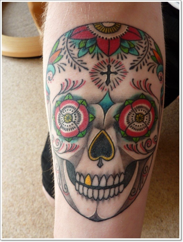 手臂彩色墨西哥糖骷髅纹身图案