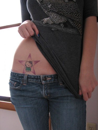 腰部彩色五角星和凯蒂猫纹身图片