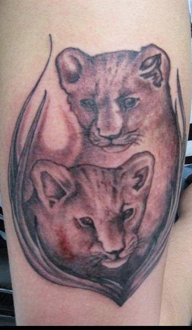 手臂棕色两只狮子幼崽纹身图片