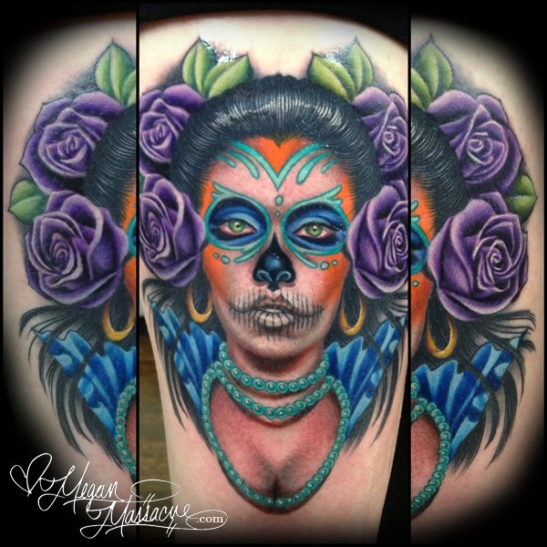 肩部彩色墨西哥传统女性纹身图案
