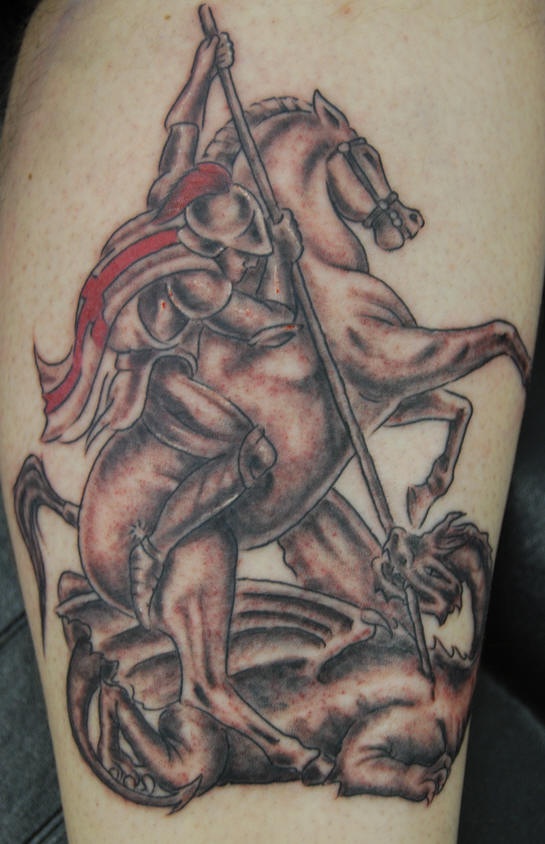 腿部棕色马背上的骑士纹身图案