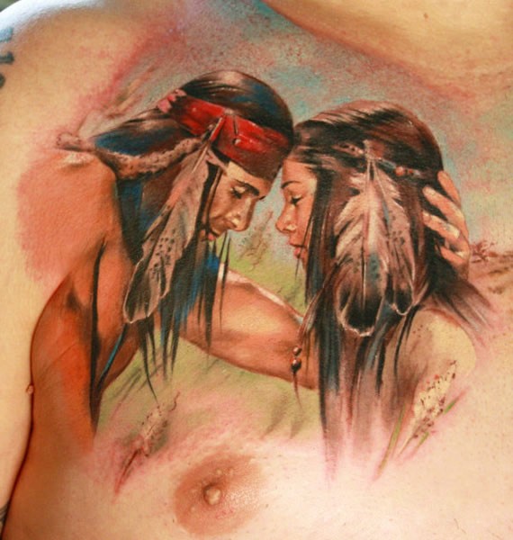 胸部彩色肖像爱印第安人纹身图片