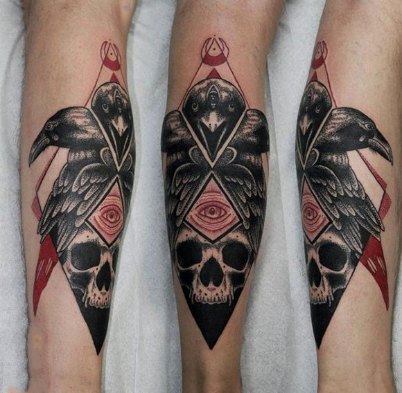 腿部神秘邪教风格彩色乌鸦纹身图片