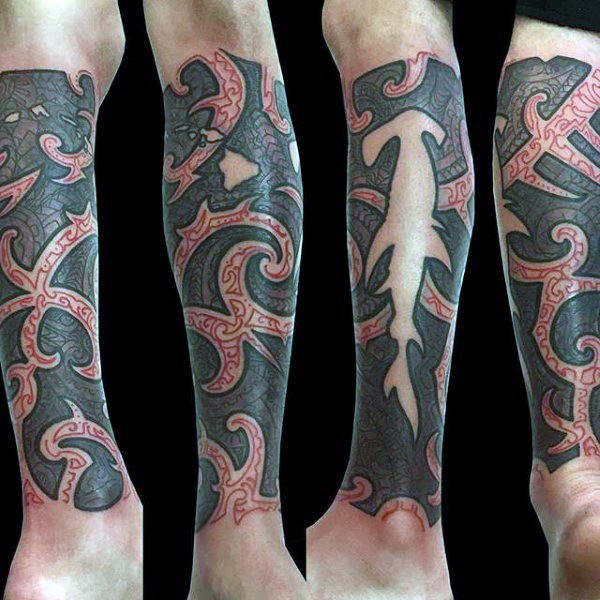腿部彩色鲨鱼各种饰品纹身图片