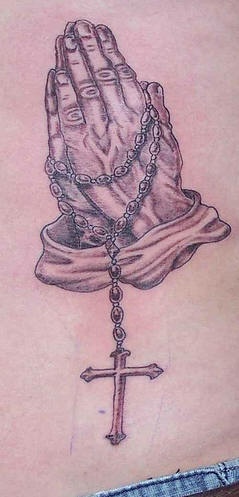 腹部宗教棕色老祈祷手纹身图案