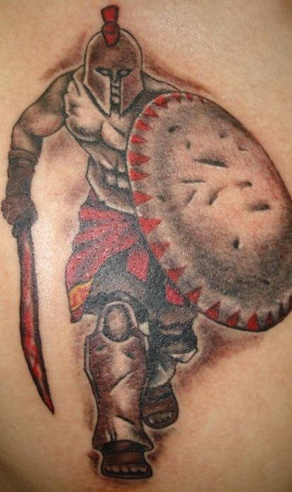 背部彩色强大的战士纹身图案