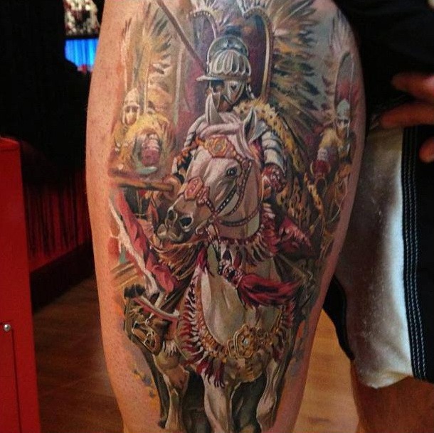 腿部彩色马背上的中世纪骑士纹身