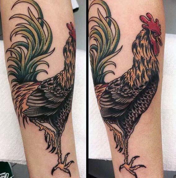 腿部彩色公鸡纹身图案