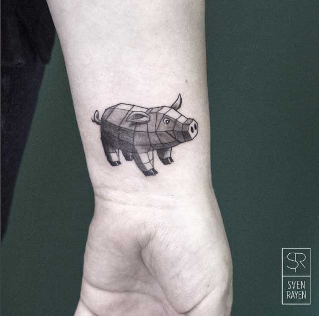 黑灰色手腕几何小猪纹身图案