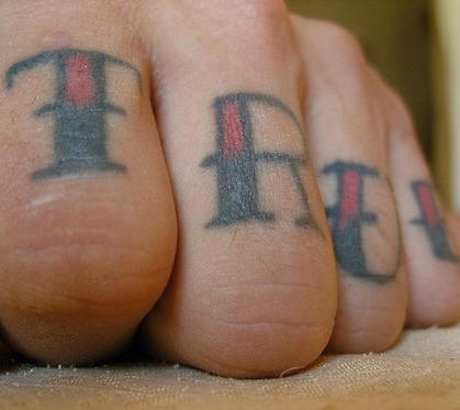 男性手指彩色字母纹身图片