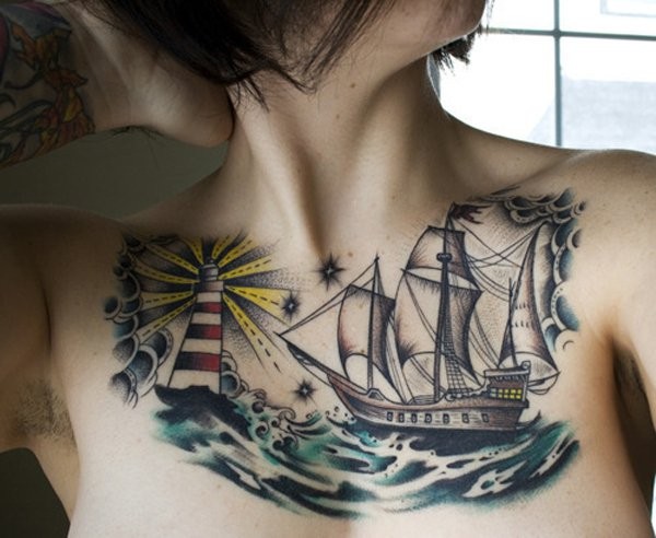 胸部彩色old school帆船纹身图案