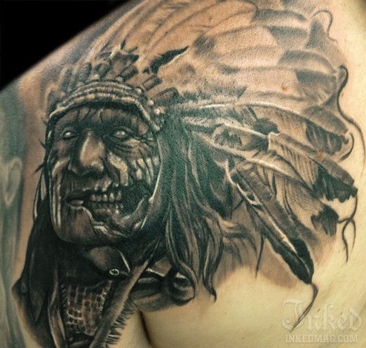 肩部灰色僵尸印度酋长纹身图案