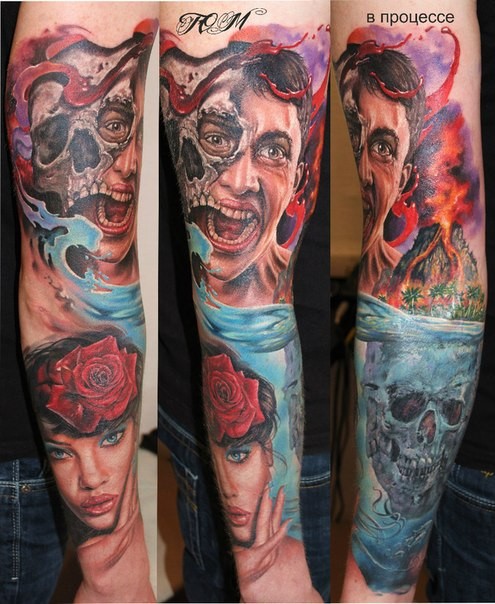 手臂彩色恐怖风格各种人类和怪物肖像纹身
