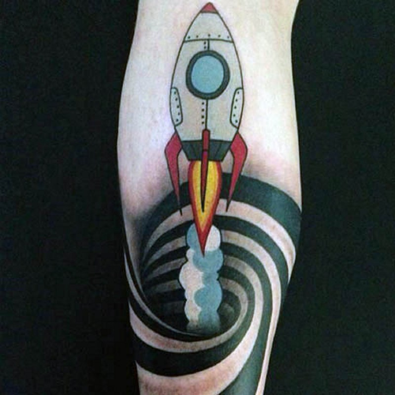 腿部彩色卡通飞行火箭与催眠装饰纹身