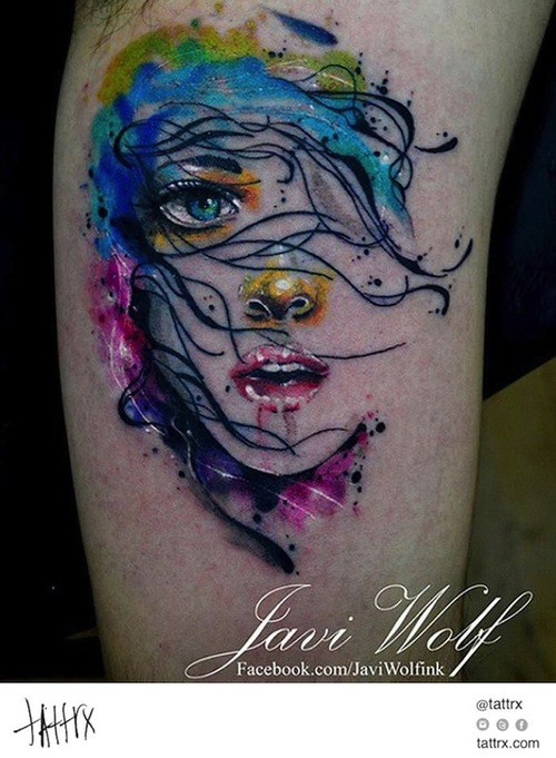 手臂水彩色女孩肖像纹身图案