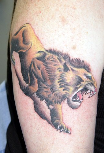 腿部彩色咆哮的狮子纹身图片