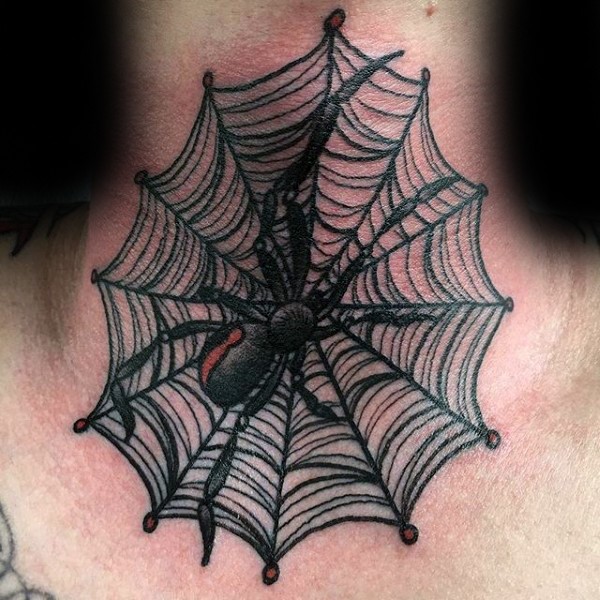 男性颈部黑色蜘蛛网纹身图案