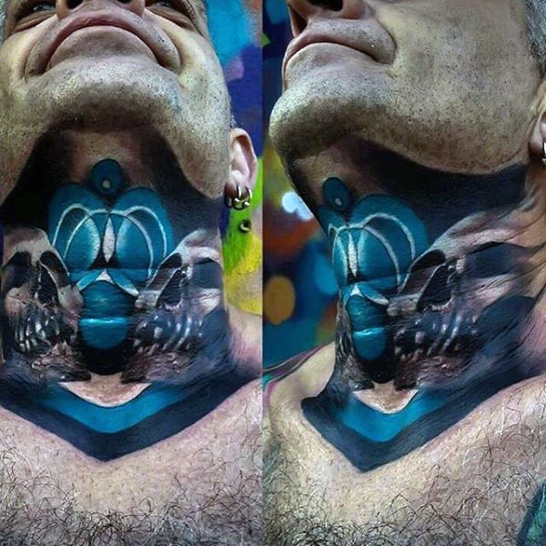 男性脖子彩色人类头骨纹身图案
