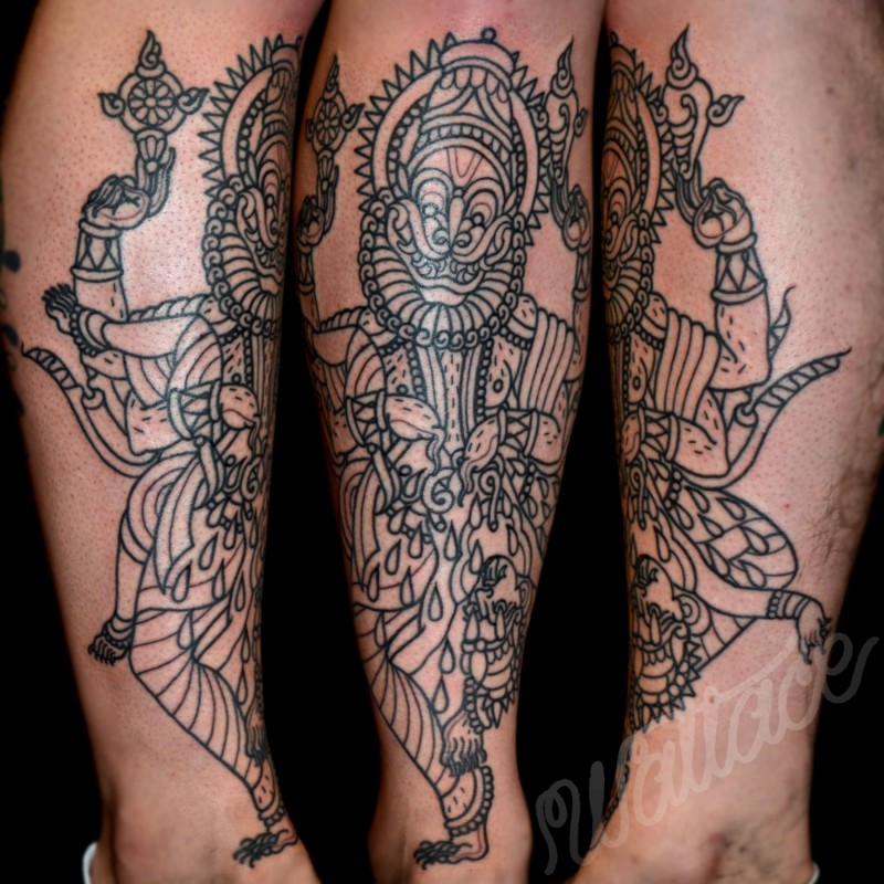 腿部黑色印度教的神纹身图案