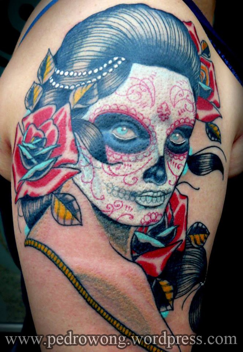老派墨西哥传统妇女肖像纹身图片