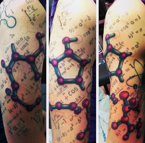 手臂奇妙的彩色化学与公式纹身图案