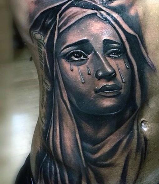 腰侧黑棕色肖像风格哭泣的女人纹身