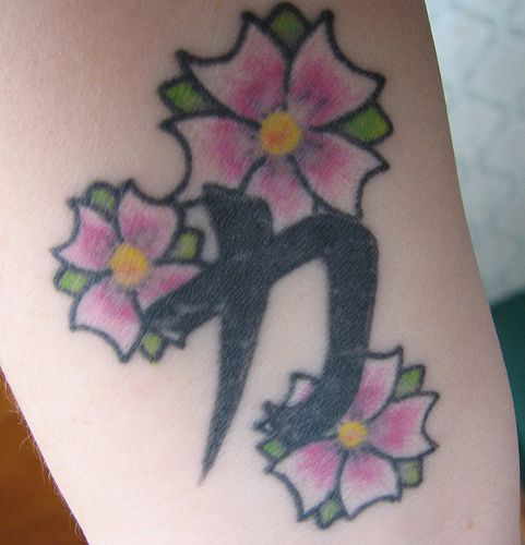 女性手臂日本樱花与汉字纹身图案