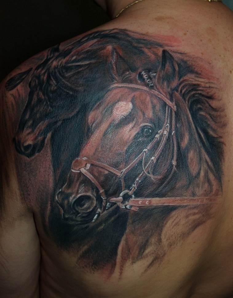 肩部棕色逼真的马纹身图案