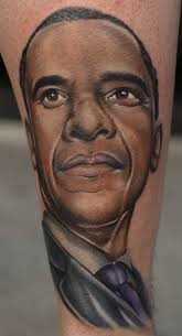 腿部写实风格的彩色贝拉克·奥巴马肖像纹身