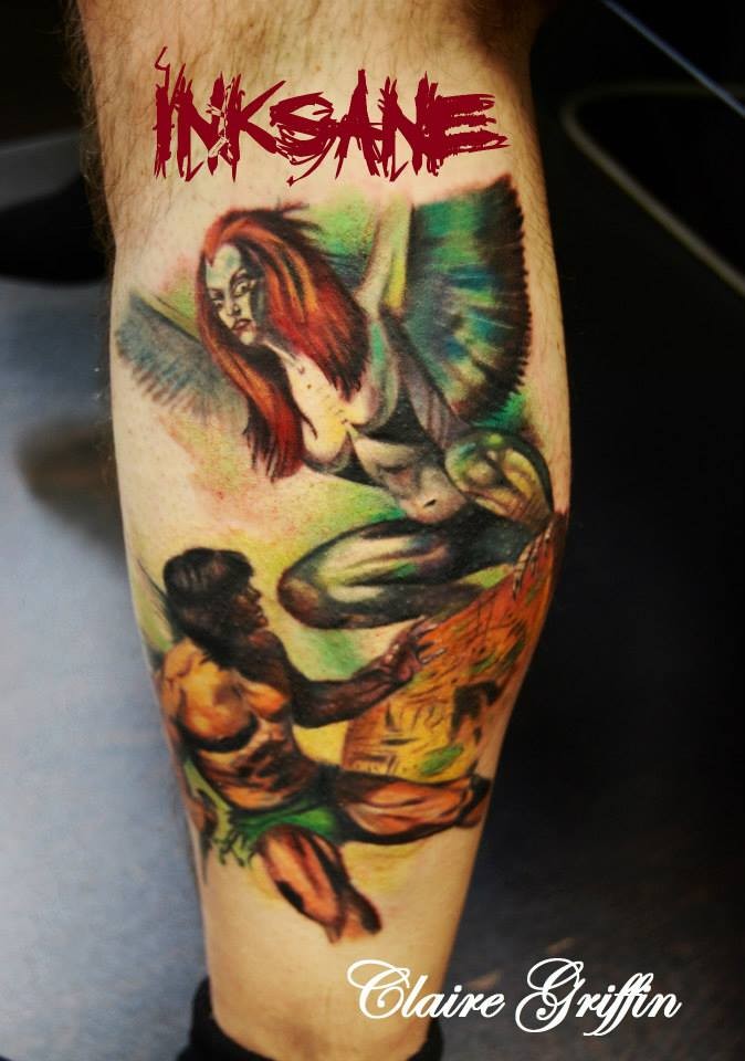腿部插画风格彩色的恶魔战士纹身图片