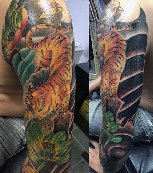 日式花臂彩色丛林老虎纹身图案