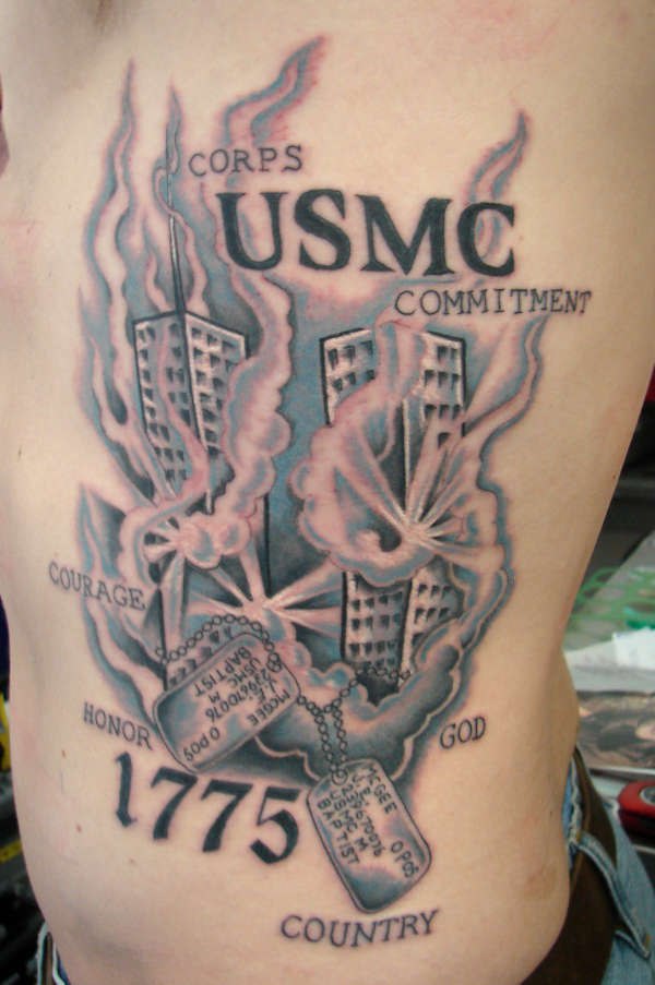 腰侧彩色美国911摩天大楼纹身图片