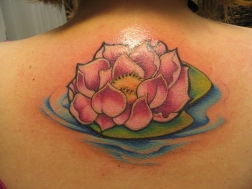 背部彩色粉红莲花水纹身图案